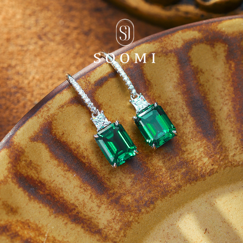 【新品 青玉】祖母绿耳钩4ct实验室培育沃顿色彩宝绿宝石耳饰女