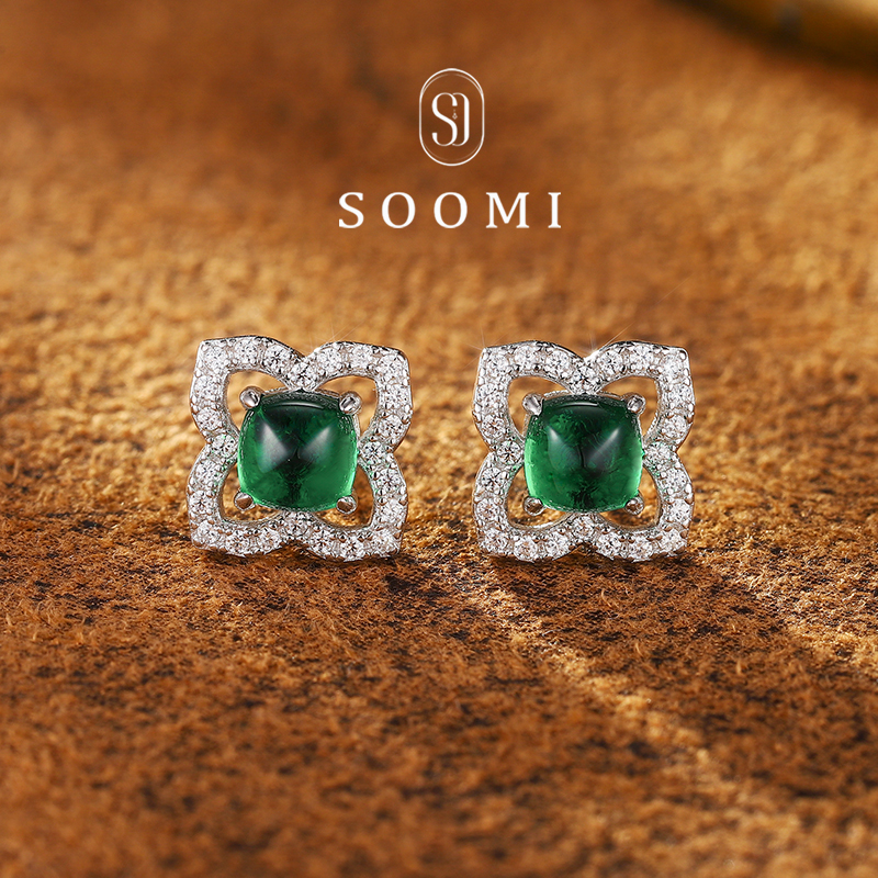 【新品 四叶铃兰】祖母绿耳钉1.6ct实验室培育彩宝糖塔绿宝石耳饰