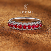 寰宇 SOOMI 红宝石戒指1.1克拉人工培育彩宝圆切排戒银镀18k