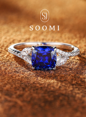 【SOOMI瑰丽】蓝宝石戒指2ct培育皇家蓝公主方彩宝女戒925银镀18k