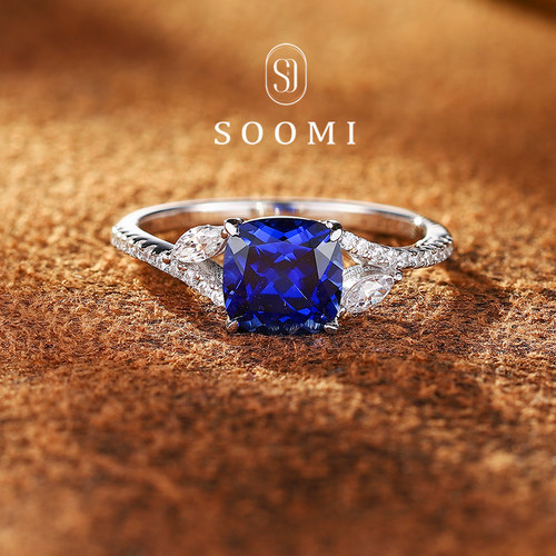 【SOOMI瑰丽】蓝宝石戒指2ct培育皇家蓝公主方彩宝女戒925银镀18k