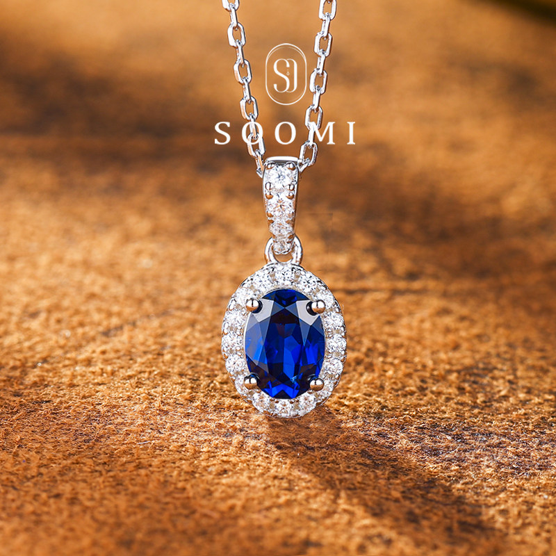 【SOOMI 彼岸花】蓝宝石项链满钻围镶戴妃款吊坠皇家蓝彩宝礼物女图片