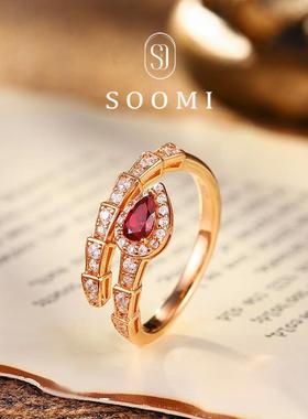 【SOOMI灵蛇献瑞】925银培育鸽血红宝石戒指个性时尚百搭蛇戒设计