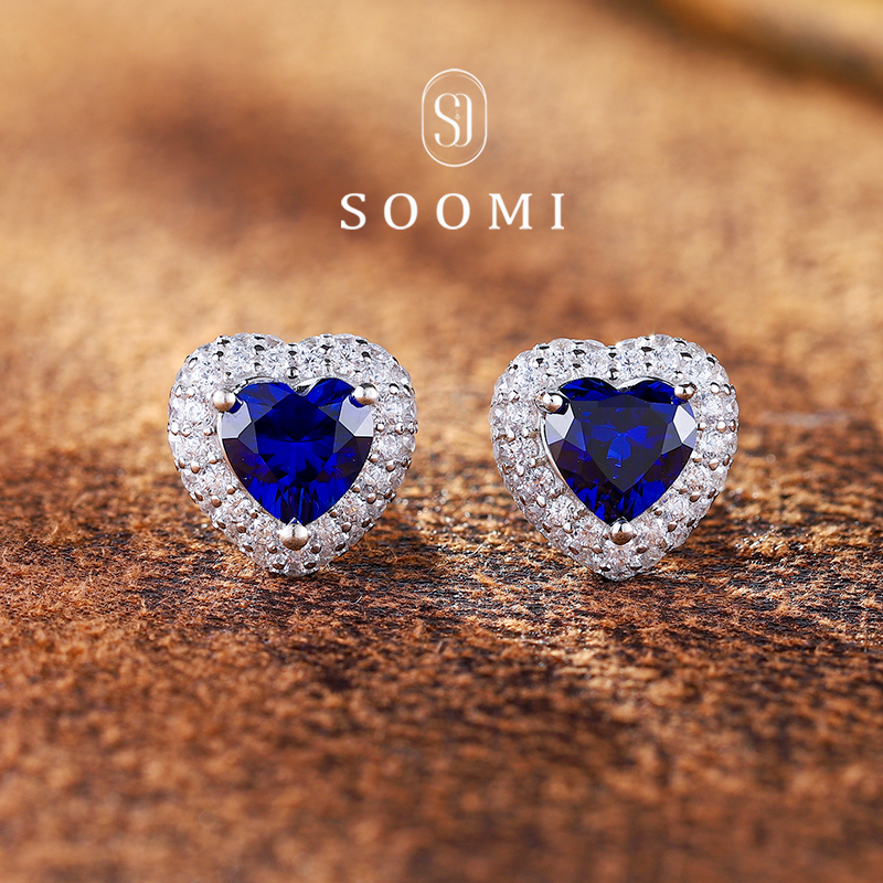 【新品85折！心意】皇家蓝宝石耳钉2.4ct爱心培育彩宝耳饰925银镶