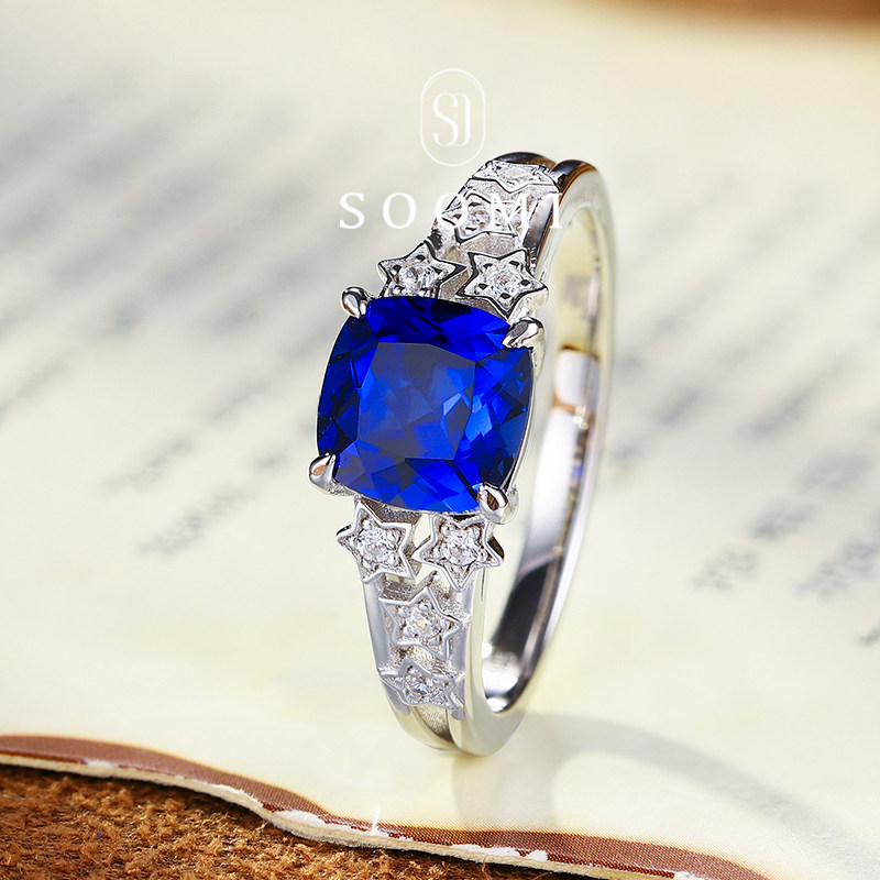 【SOOMI 繁星】皇家蓝宝石戒指2克拉培育彩宝枕形女戒简约通勤