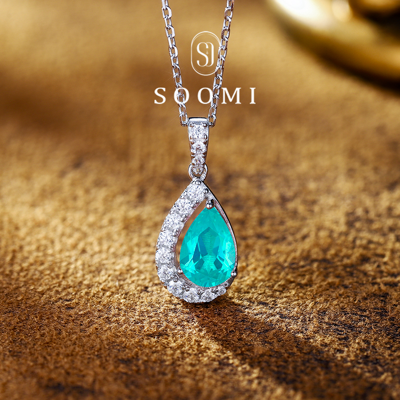 【新品 云与月】帕拉伊巴项链2ct培育霓虹蓝彩色宝石吊坠925银