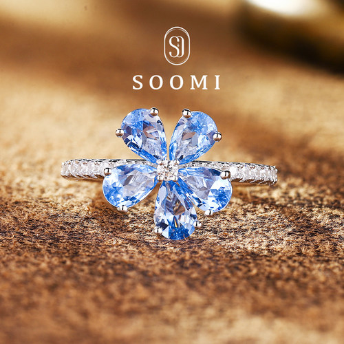 【SOOMI 香蜂草】海蓝宝戒指 2.5克拉培育水滴形尖晶石彩宝女设计
