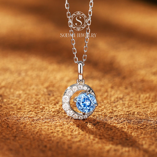 【新品 蓝月牙】海蓝宝戒指培育宝石吊坠圆形1.2ct莫桑钻礼物女