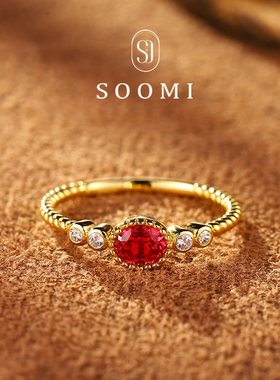 【SOOMI蝶恋]925银0.7ct实验室人工鸽血红宝石戒指简约大方戒环女
