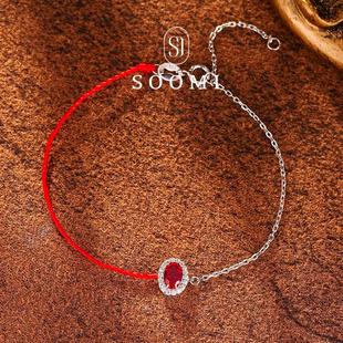 925银培育椭圆鸽血红宝石手链红绳编织本命年手绳女 SOOMI转运