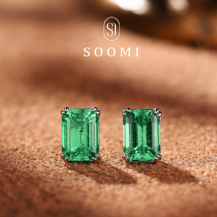 简约耳饰女 925银2克拉培育哥伦比亚祖母绿耳钉时尚 SOOMI芳心