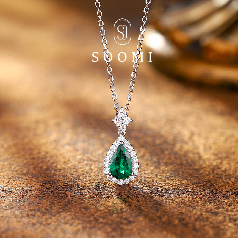 【新品85折 冰之心】沃顿祖母绿项链1ct培育彩宝水滴宝石吊坠