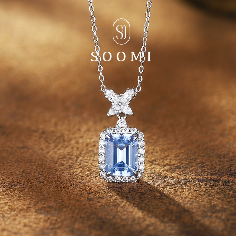 【新品 挽秋】海蓝宝项链 小八角培育尖晶石宝石吊坠 天空蓝银镶