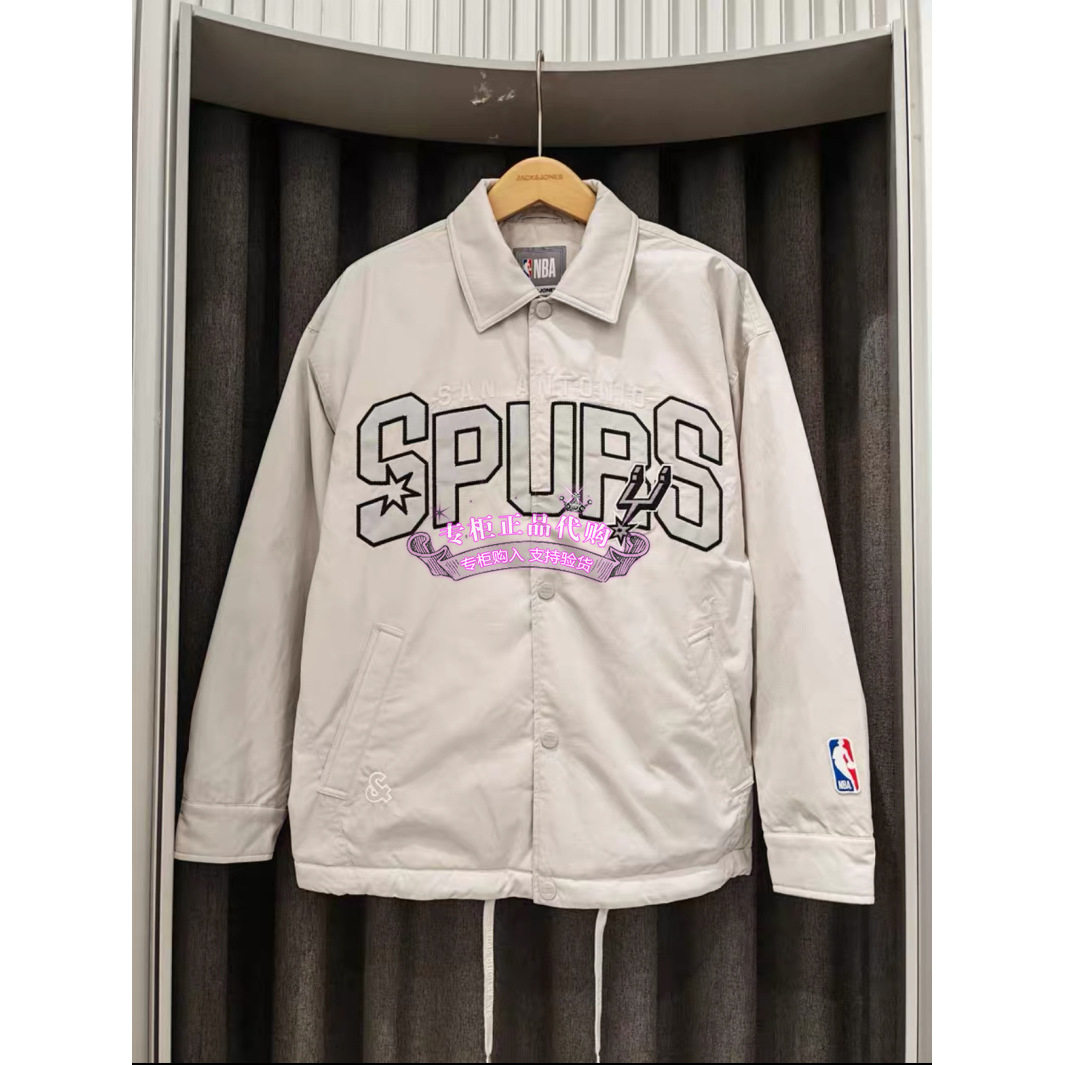 杰克琼斯NBA马刺队冬季男装新款羽绒服刺绣翻领外套 226423001