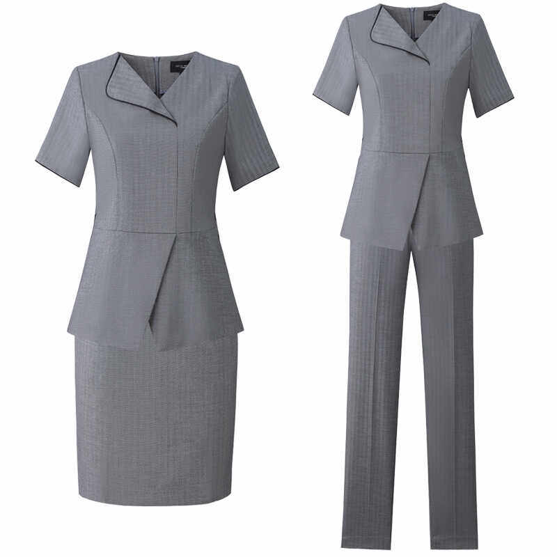 周大福珠宝店夏季工作服女短袖套裤裙高端冰川灰黄金职业套装工装