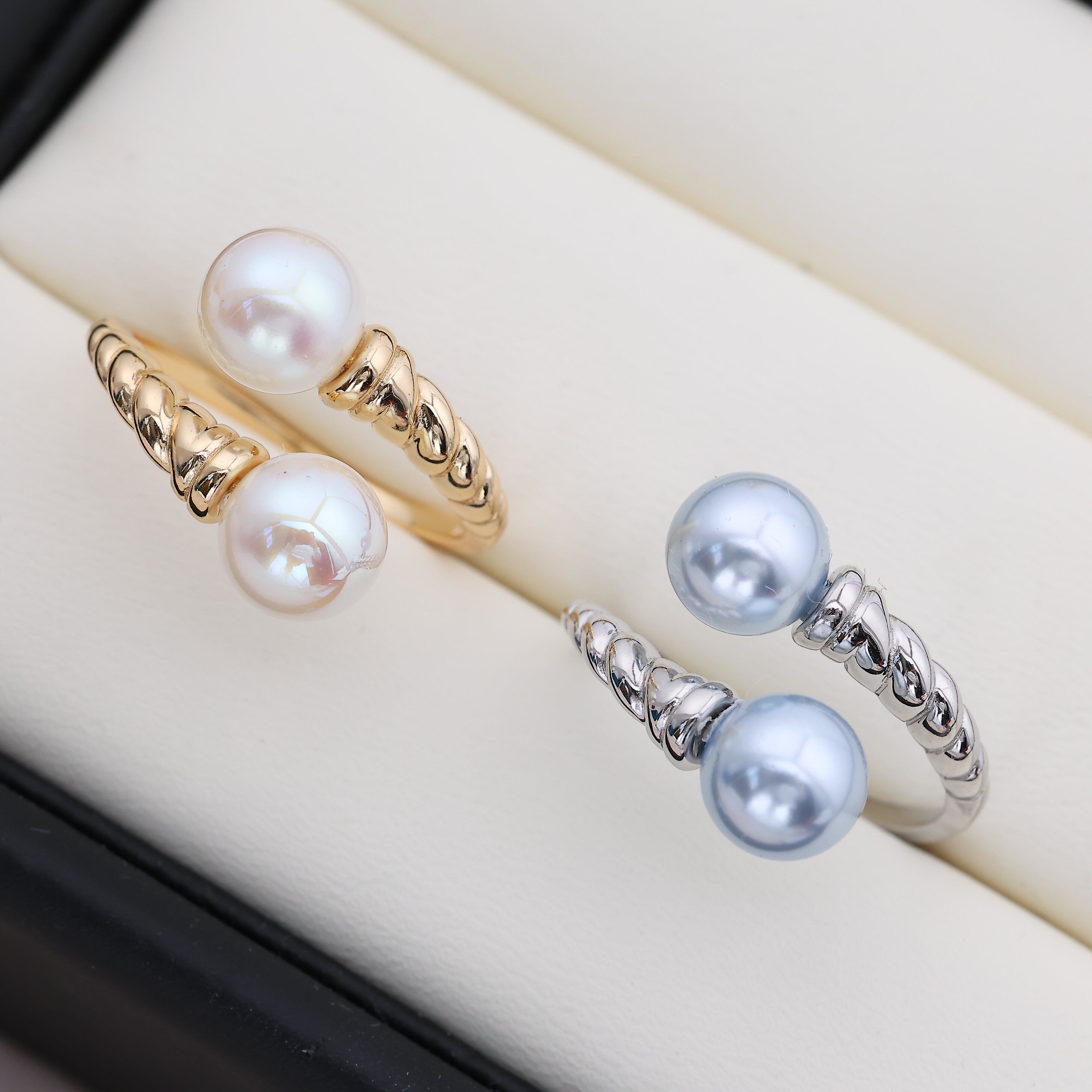 DIY配件 S925纯银麻花开口戒指空托 珍珠指环手饰戒圈配8-10mm圆