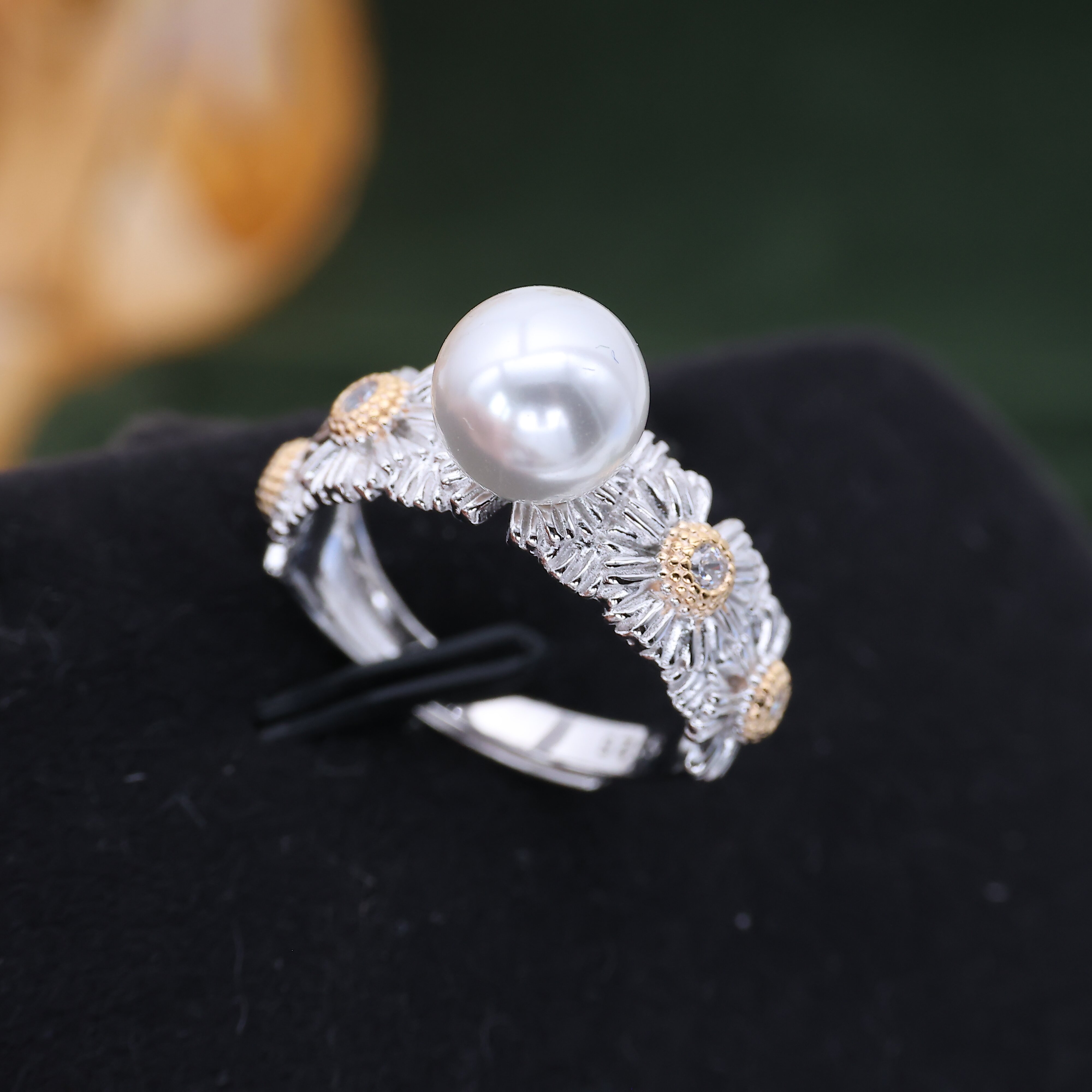 DIY配件 S925纯银分色小雏菊戒指空托珍珠指环手饰戒圈8-10mm圆扁