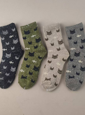 外贸库存秋冬纯棉混纺女士中筒袜子可爱卡通猫咪保暖舒适百搭女袜