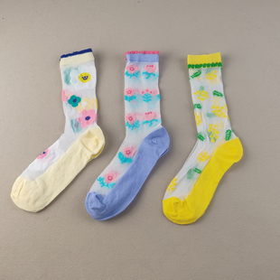 库存夏季 可爱水晶丝棉底吸汗中高筒女日系清新女士无骨袜子 超薄款