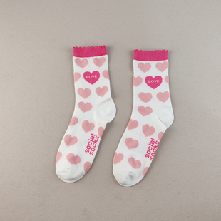 库存尾货女士纯棉吸汗甜美心形中筒袜女春秋季 粉色可爱纯棉袜子女