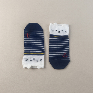外贸库存棉女短袜夏季 条纹卡通可爱少女风不掉跟吸汗女士短袜 薄款