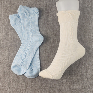 外贸出口日单女士中筒袜立体波浪浮雕日系泡泡口花边薄棉透气女袜