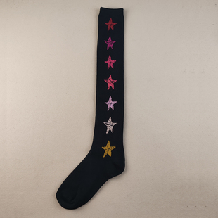 库存尾货星星图案女高筒袜黑色多色小腿袜潮流袜子四季 女袜过膝袜