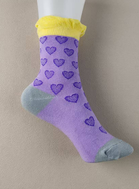 外贸库存尾货四季中筒袜女士袜子紫色爱心甜美纯棉防臭个性撞色女