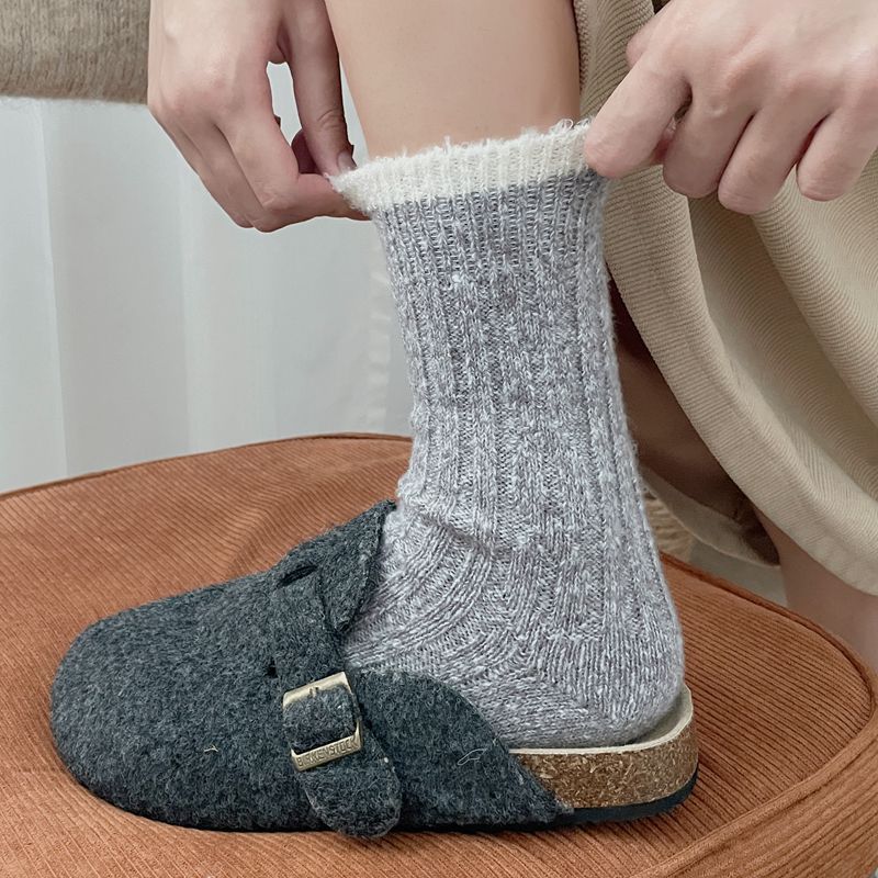 羊毛袜女秋冬加绒加厚堆堆袜拼色中筒袜