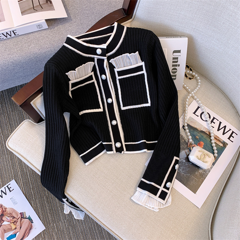 프랑스 사교계 명사 여성 봄 가을 신상 평론 검은색 하이웨이스트 상의 한국판 작은 향기로운 스타일의 짧은 니트 가디건 재킷