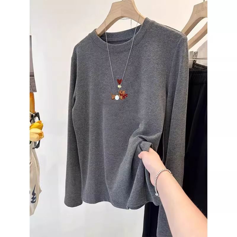 正肩圆领磨毛长袖t恤女简约时尚休闲百搭打底衫上衣秋冬季可外穿
