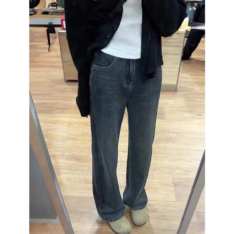 蓝灰直筒牛仔裤女秋冬加绒胖妹妹mm高腰显瘦阔腿长裤梨型身材裤子