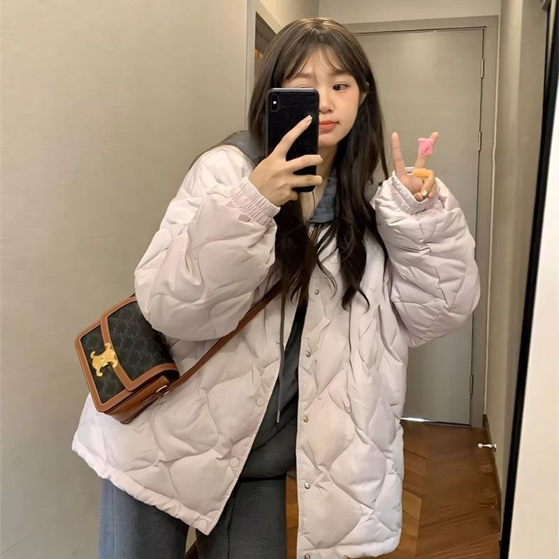 淡淡紫菱格羽绒棉服女装粉色冬季新款宽松短款棉袄小个子棉衣外套