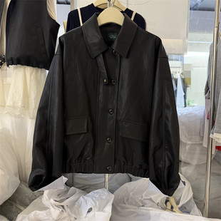 韩国the xiaoman正品26春装新款撞色条纹翻边袖韩版皮衣夹克外套