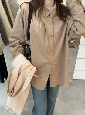 韩国东大门25冬新款褶皱花苞袖口时尚韩版磨毛厚款立领衬衫W5876