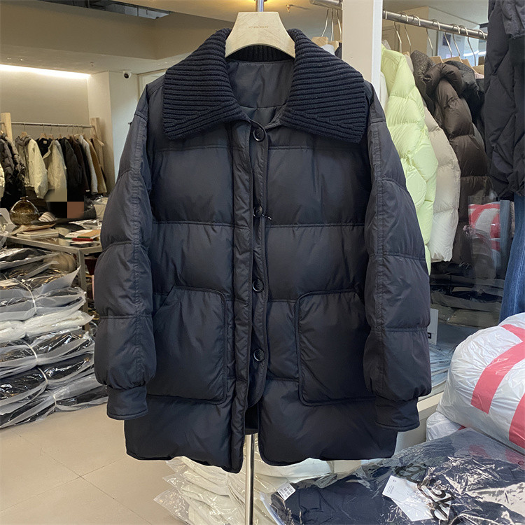 韩国东大门25冬新款针织毛线翻领大口袋韩版休闲单排扣中长羽绒服