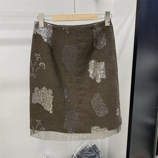 ISPRIN正品25冬新款精致亮片钉珠时尚韩版包臀中长天丝西装半身裙