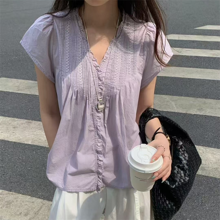 韩国SOMMY正品25夏装新款褶皱设计感木耳边V领单排扣韩版质感衬衫