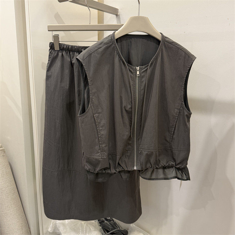 韩国26夏装新荷叶边飘带圆领马甲+半身中长裙时尚韩版两件套套裙