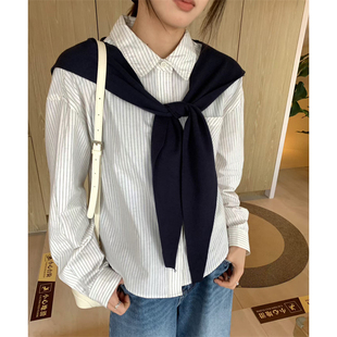 配披肩POLO领休闲衬衫 胸前口袋竖条纹韩版 女 新款 韩国东大门26春装