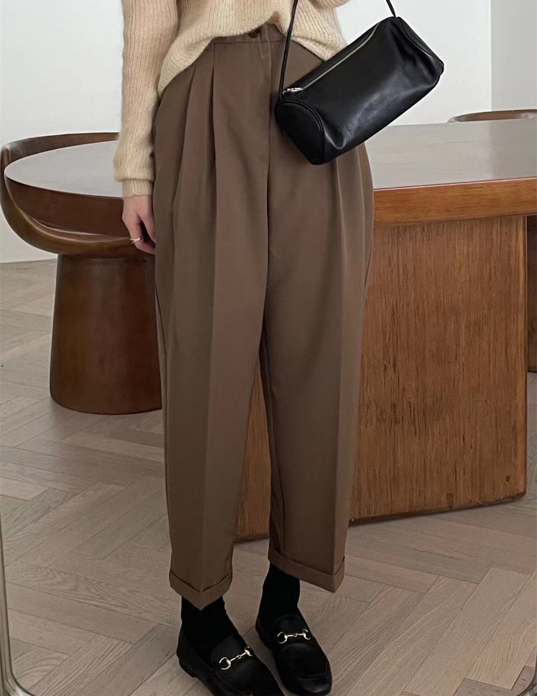 欧洲站2023春新款 下卷边休闲百搭垂感西装裤女哈伦九分小脚裤