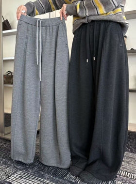 喜大东25秋冬口袋刺绣字母松紧腰韩版阔腿弯刀裤宽松卫裤11583-1