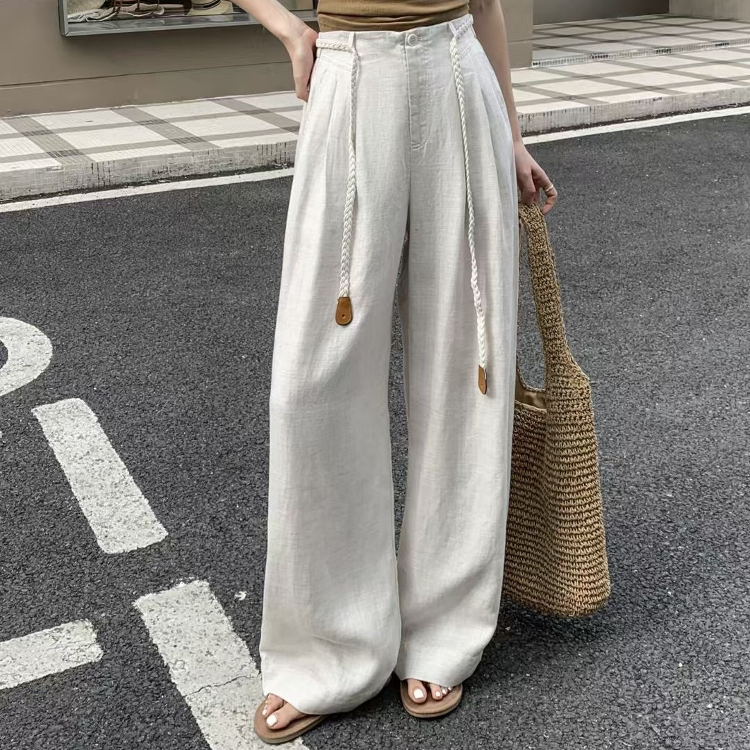 韩国26春夏新款后松紧腰韩版配编织腰带韩版质感莱赛尔亚麻直筒裤