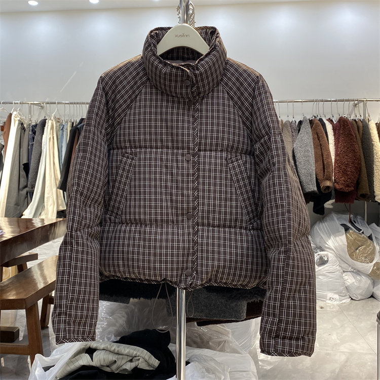 MLNH正品24冬新款下摆抽绳韩版立领拼色千鸟格短款面包服棉服5886