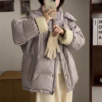 特价XW昕闻24冬新款撞色卷边接拼袖设计韩版休闲脱卸帽立领羽绒服