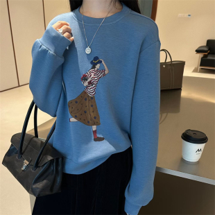 韩国26秋装新款胸前碎花裙逃跑小女孩图案韩版圆领套头宽松卫衣女