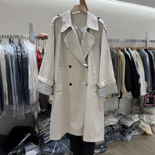 后背三粒扣大牌系腰带长款 韩国26春款 风衣 欧版 翻领时尚 条纹袖 西装