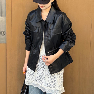 韩国26春新款 小众翻领皮衣外套宽松显瘦夹克 胸前翻盖抽绳收腰韩版