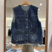 休闲圆领牛仔宽松显瘦马甲 刺绣卡通图案韩版 韩国东大门26春装 新款