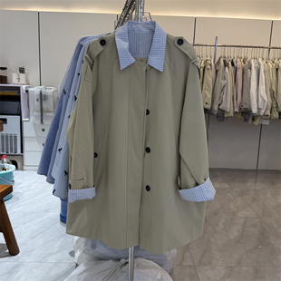 休闲宽松中长风衣外套65533 布料接拼POLO领韩版 韩国26春新款 衬衫